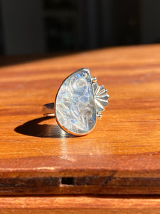 Carved Rainbow Moonstone Paisley Ring—size 5.5