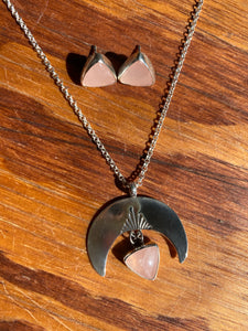 Rose Quartz Crescent Moon Necklace + Triangle Studs Set