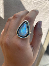 Load image into Gallery viewer, Blue Flash Moonstone Pear Shadowbox Ring—size 9.5