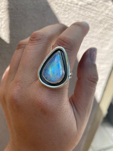 Blue Flash Moonstone Pear Shadowbox Ring—size 9.5