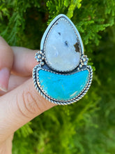 Load image into Gallery viewer, Moonstone with Turquoise Crescent Statement Ring — size 8