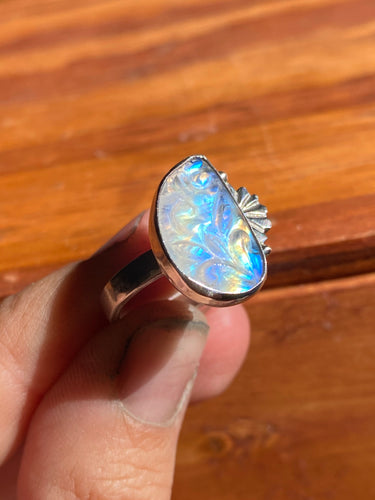 Carved Rainbow Moonstone Paisley Ring—size 5.5