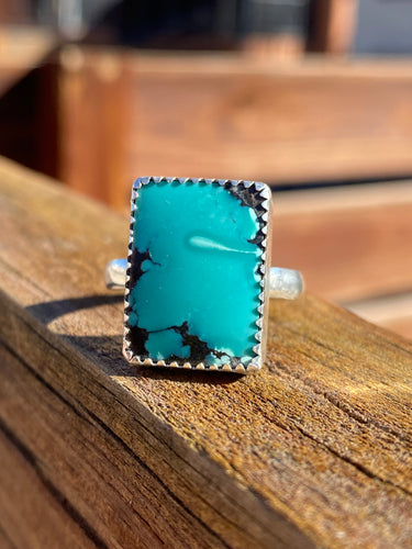 Teal Hubei Turquoise with Black Matrix Ring - size 10
