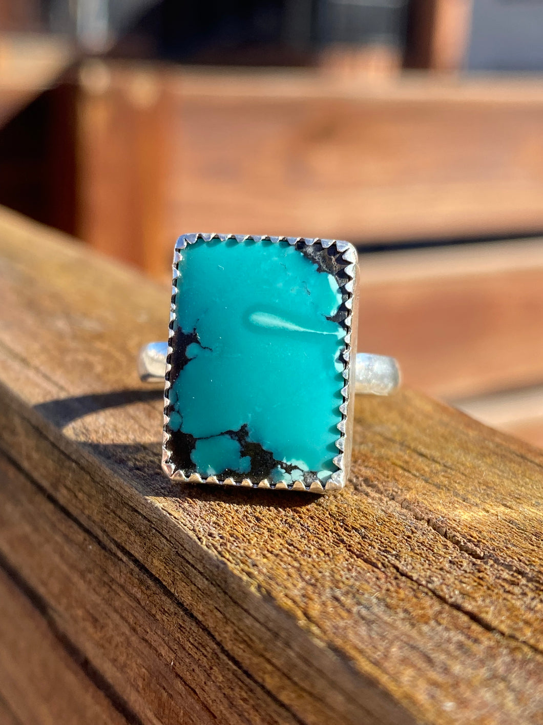 Teal Hubei Turquoise with Black Matrix Ring - size 10