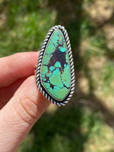 Green and Black Hubei Turquoise Ring with Twist Wire—size 8