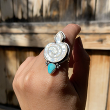 Load image into Gallery viewer, Carved Mother of Pearl Snake Statement Ring — size 7.5