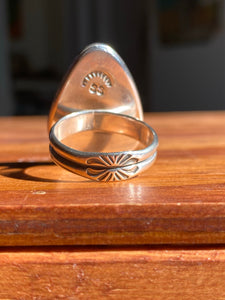 Blue Flash Moonstone Pear Shadowbox Ring—size 9.5