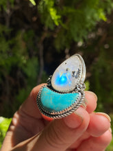 Load image into Gallery viewer, Moonstone with Turquoise Crescent Statement Ring — size 8