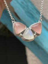 Load image into Gallery viewer, Rose Quartz and Moonstone Cluster Necklace + Triangle Studs Set