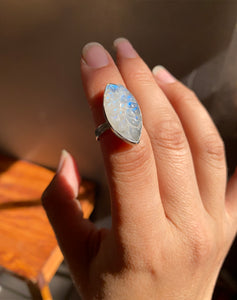 Carved Blue Flash Moonstone Ring—size 6 (see caption)