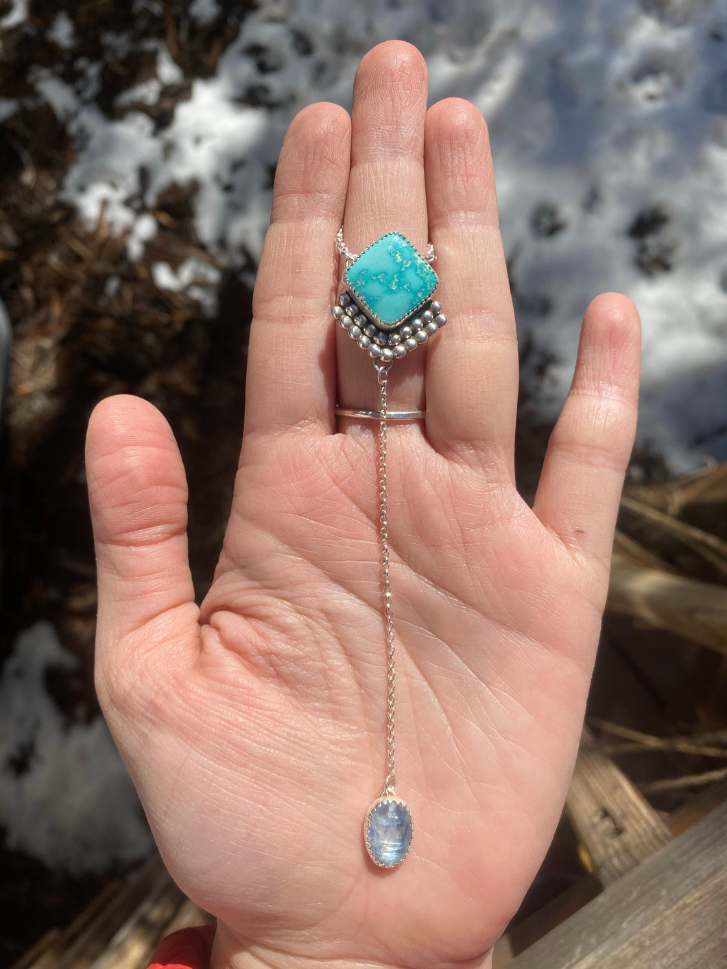 Whitewater Turquoise with Rosecut Moonstone Lariat