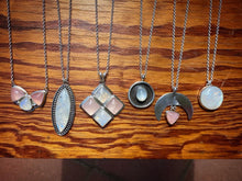 Load image into Gallery viewer, Rose Quartz Crescent Moon Necklace + Triangle Studs Set