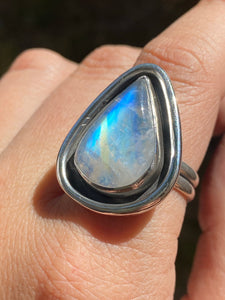 Blue Flash Moonstone Pear Shadowbox Ring—size 9.5