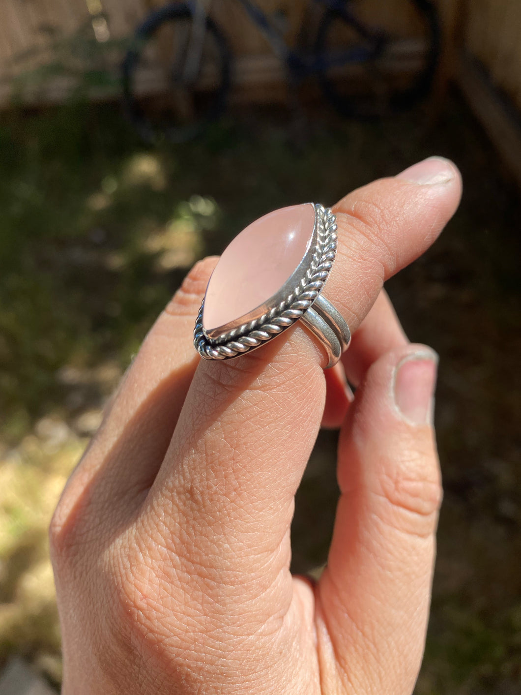Twist Wire Rose Quartz Marquis Ring—size 6.5