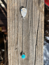 Load image into Gallery viewer, Rainbow Moonstone with Carved Turquoise Flower Lariat