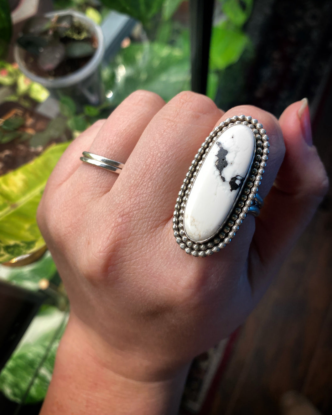 Double Bead Wire White Buffalo Statement Ring - size 8