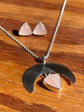 Load image into Gallery viewer, Rose Quartz Crescent Moon Necklace + Triangle Studs Set