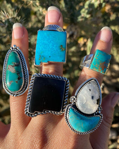 Moonstone with Turquoise Crescent Statement Ring — size 8