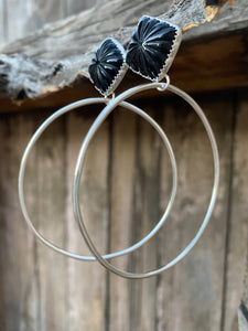 Carved black onyx post hoops