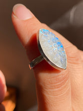 Load image into Gallery viewer, Carved Blue Flash Moonstone Ring—size 6 (see caption)