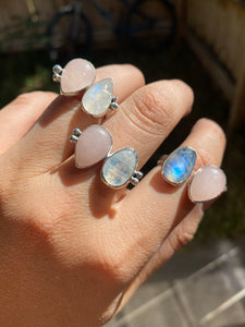 Rose Quartz and Rainbow Moonstone Double Ring: size 6-7