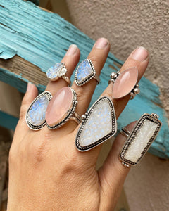 Carved Rainbow Moonstone Bar Ring—size 8