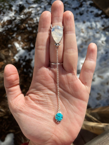 Rainbow Moonstone with Carved Turquoise Flower Lariat