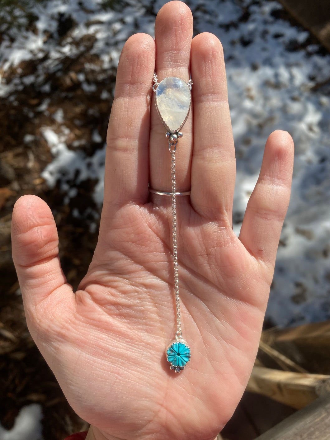 Rainbow Moonstone with Carved Turquoise Flower Lariat
